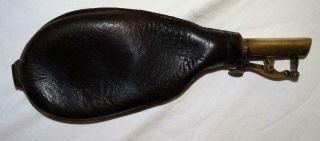 Antique Victorian Leather & Brass Shot - Powder Flask Shooting & Hunting Accessory