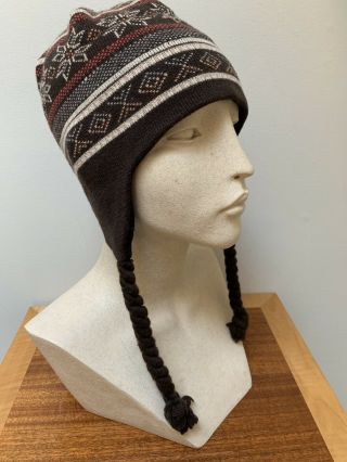 Rare Swix Wool Cocoa Brown Nordic Ski Hat Beanie Ear Flaps,  Braids,  Fleece Trim