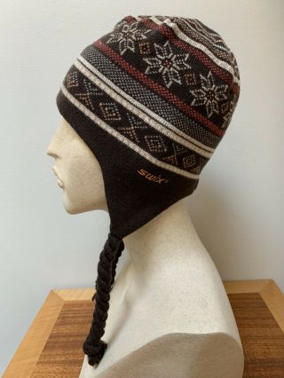 Rare Swix Wool COCOA BROWN Nordic Ski Hat Beanie Ear Flaps,  Braids,  Fleece Trim 2