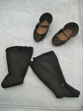 Antique French German Black Leather Doll Shoes Pointed Toe Ribbon Rossettes