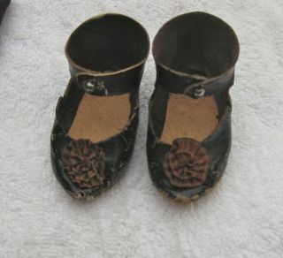 ANTIQUE FRENCH GERMAN BLACK LEATHER DOLL SHOES POINTED TOE RIBBON ROSSETTES 3