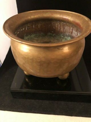 Antique Rounded Hammered Brass Footed Planter Flower Pot Mission Art 