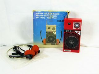 Vintage Rare Red Transistor Pocket Radio W/ Headphones & Box –