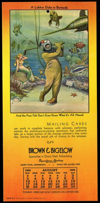 1930 Brown & Bigelow Company Archives Mermaid Pin - Up Girl & Golf Calendar Rare
