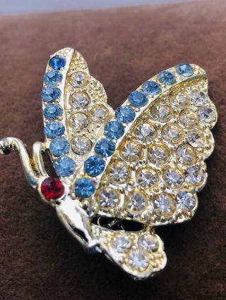 Stunning Vintage Rare Clear Baby Blue Red Eye Rhinestone Butterfly Brooch Pin
