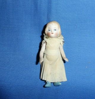 Antique All Bisque Jointed 3 1/2 " Doll Blonde Painted Hair Blue Eyes