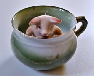 Vintage German Pink Pig In Tea Cup Porcelain Figurine