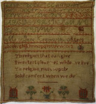Mid 19th Century Verse & Motif Sampler By Mary Jane Kenworth Aged 9 - C.  1845