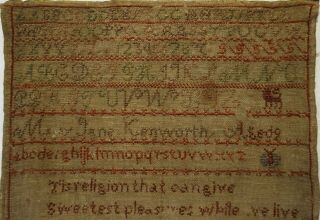 MID 19TH CENTURY VERSE & MOTIF SAMPLER BY MARY JANE KENWORTH AGED 9 - c.  1845 2