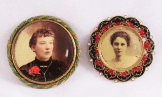 2 Antique Victorian Ladies Enamel Portrait Gold Filled Pins