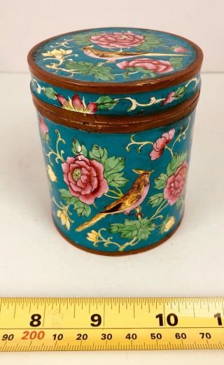 Vintage Chinese Round Enamel Enameled Trinket Cigarette Box Birds And Flowers