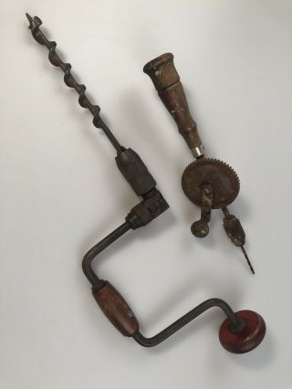 Set Of 2 Rare Antique Vintage Hand Drill Bit Carpentry Tool