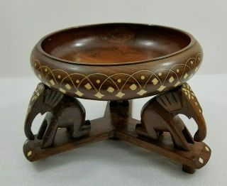 Vintage Wood Bowl Decorated With Inlay Hand Carved 3 Wooden Elephants Stand