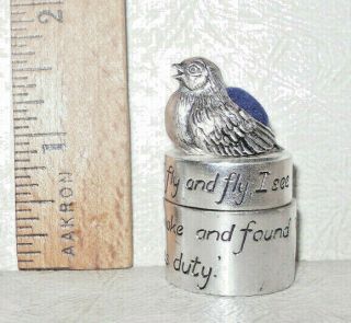Vtg Silver Scenes Plated Pill Trinket Box W/miniature Chick Bird Pin Cushion Top