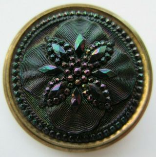 Stunning Large Antique Vtg Carnival Luster Black Glass In Metal Button (a)