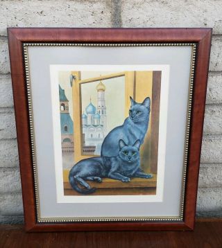 Rare 1965 Vintage Russian Blue Cat Lithograph Print By Girard Goodenow Framed
