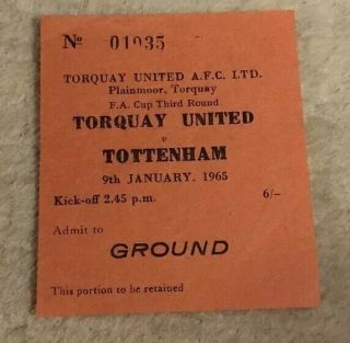 Very Rare Torquay United V Tottenham Hotspur Ticket 1965 Fa Cup 3rd Round Spurs
