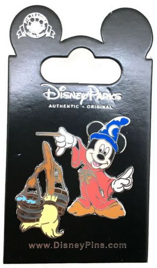 2009 Disney Sorcerer Mickey And Broom Set Of 2 Pins Rare W5
