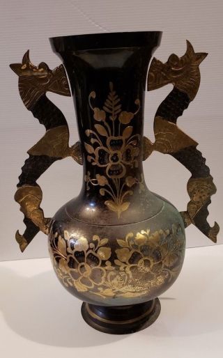 Rare Antique Brass Vase Hand Carved Two Dragon Handles 16 " Tall