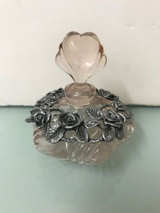 Vintage Pink Glass Perfume Bottle With Pewter Rose Overlay