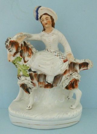 Antique Staffordshire Pottery Lady Riding Goat Ram Figurine Flat Back Oak Rare