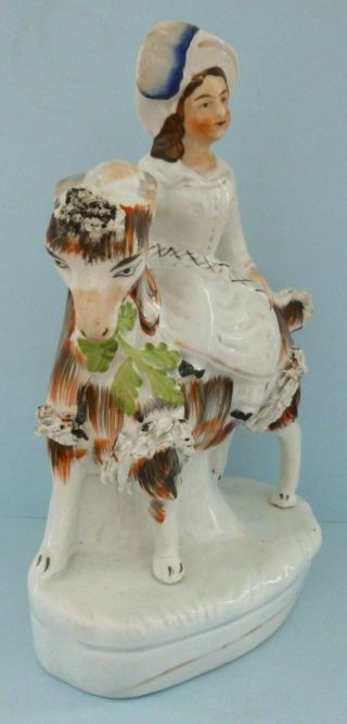 Antique Staffordshire Pottery Lady Riding Goat Ram Figurine Flat Back Oak Rare 2