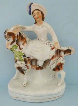 Antique Staffordshire Pottery Lady Riding Goat Ram Figurine Flat Back Oak Rare 3