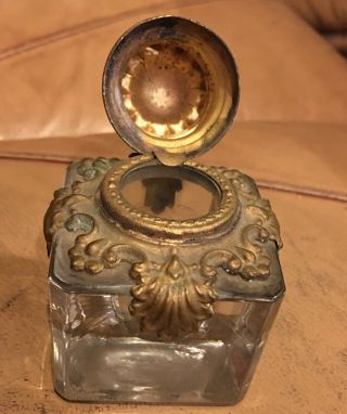 Antique Glass Inkwell With Brass Art Noveau Detail