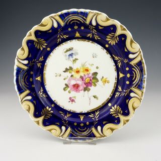 Antique English China - Wild Flower Painted Cobalt Blue & Gilt Plate - Lovely