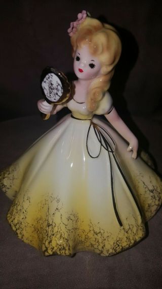 Rare Vintage Josef Originals Girl In Yellow Dress Holding mirror. 2