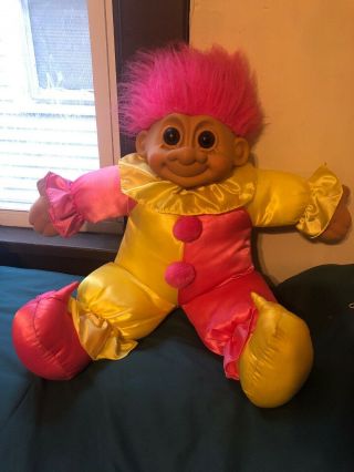 Vintage Russ Berrie Pink Yellow Jumbo Clown Jester Plush Troll Doll 24 "