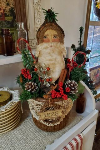 Primitive Handmade 1825 Old Time Santa Claus Doll In Basket Arrangement