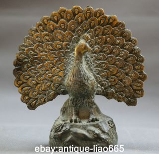 5.  5 " Antique Old Chinese Bronze Animal Peacock Peafowl Bird King Statue