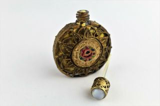 Antique Victorian Brass Filigree Perfume Bottle Overlay & Needlepoint Rose Panel