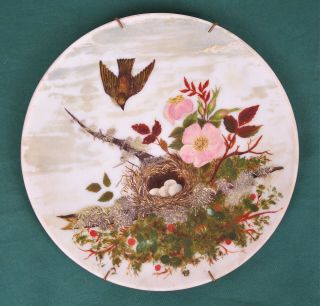 Antique 19th Century Oil Painting Porcelain Plate Wall Hanging Birds Nest Floral