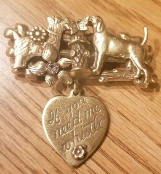 Vintage Kirks Folly Dogs " If You Need Me Whistle " Heart Brooch Pin Rare L@@k
