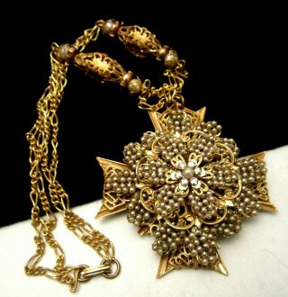 Rare Vintage 16 " X3 " Miriam Haskell Goldtone Pearl Maltese Cross Necklace A31