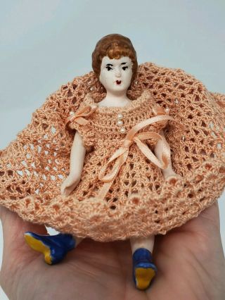 Vtg.  Artist Made Victorian All Bisque Miniature Dollhouse Doll Blue Boots 4 3/4 "