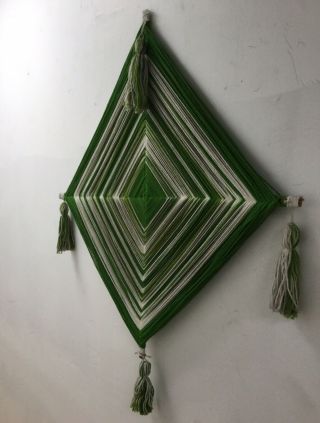 Vintage Green White Handmade The Eye Of God Yarn Textile 26 " Wall Hanging Tassel