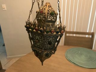 Rare Moroccan Vintage Moorish Pierced Jeweled Brass Hanging Lamp Light Fixture