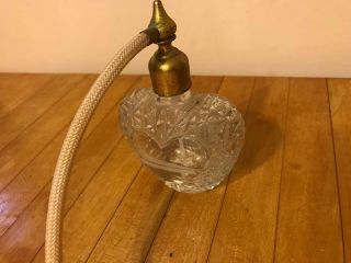RARE Vtg Heart - Shaped Perfume Bottle Atomizer Spray Pump Tassle Clear Cut Glass 2