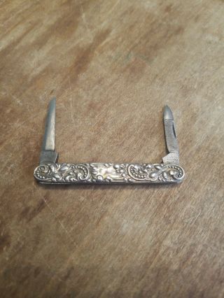 Antique Sterling Silver 2 Blade Pocket Knife.  Ornate Motif