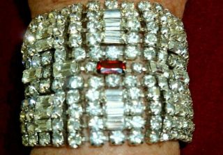 Rare Vintage Bracelet Diamond Rhinestones W Garnet By Kramer Of York 2 " Wide