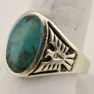 Vintage Sterling Silver Native American Turquoise Thunderbird Ring - Size 10.  5