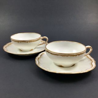 Antique Theodore Haviland Limoges France China White Gold Trim 2 Cups & Saucers