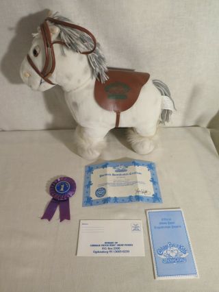 1984 Cabbage Patch Kids Show Pony White Spotted Pony W/ Papers,  Bridle,  Saddle