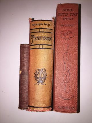3 Antique Books,  Gone With The Wind,  Webster’s Dictionary,  Alfred Tennyson