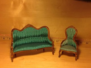 Vintage Miniature Dollhouse 1:12 Sofa/setee And Chair Silky Green
