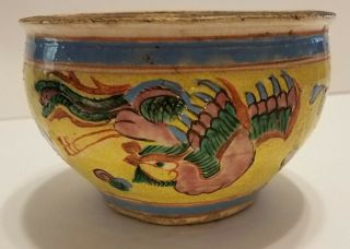 Antique Asian Clay Chinese Pottery Bowl Painted Phoenix Bird Flower Old China