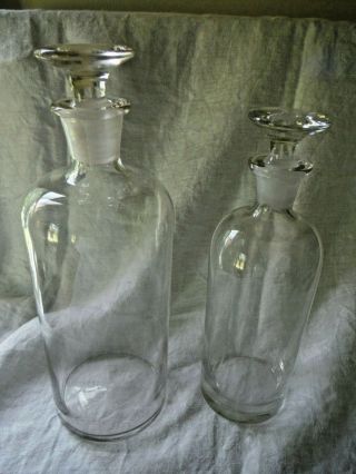 Antique Hand - Blown Glass Apothecary Bottles W/ Stoppers,  9 " & 10 " Pair - Vgc